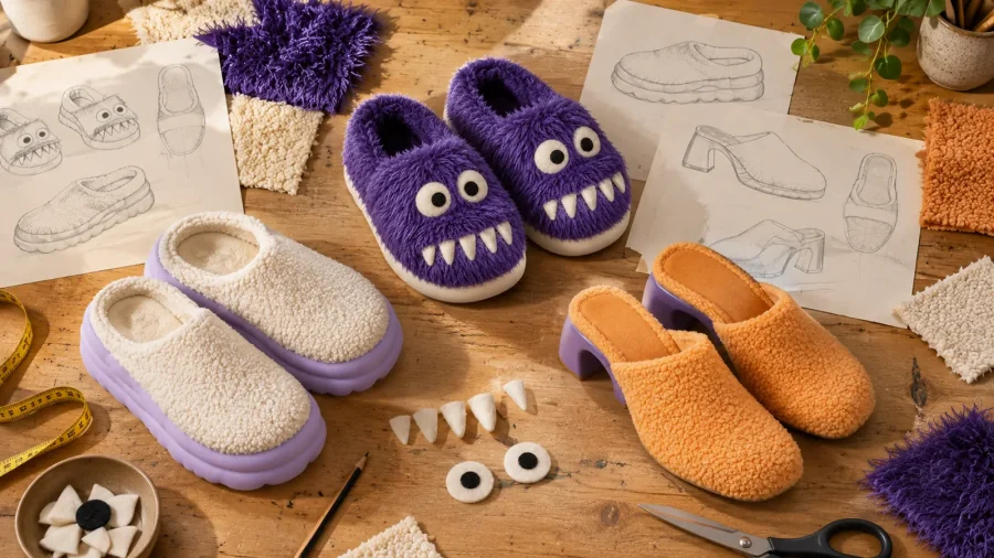 Slipper sketches, fabric swatches and felt fangs on a worktable