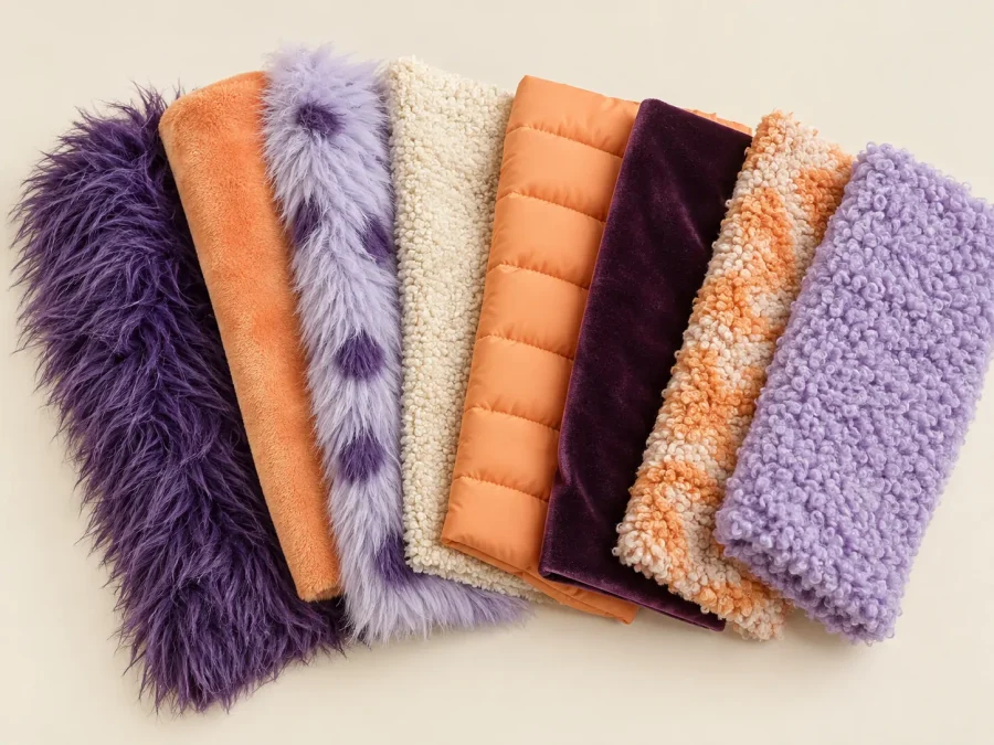 Eight upper fabrics: violet shag, apricot plush, lilac fluff, cream bouclé, apricot puffer, plum velvet, teddy fleece and curly fleece