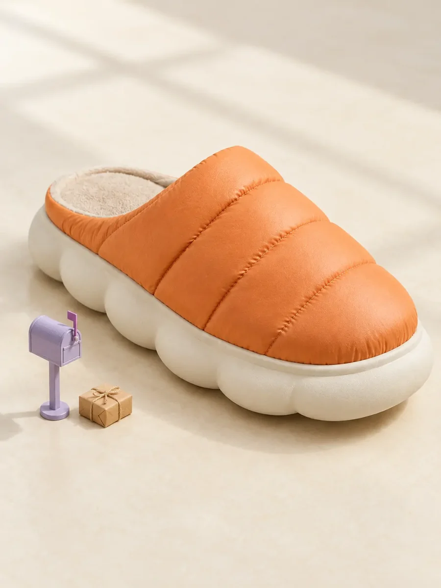 A giant Puffa slipper next to a miniature mailbox and parcel