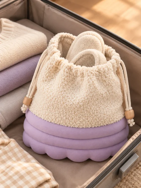 Cumulo Slipper Pouch packed in a suitcase