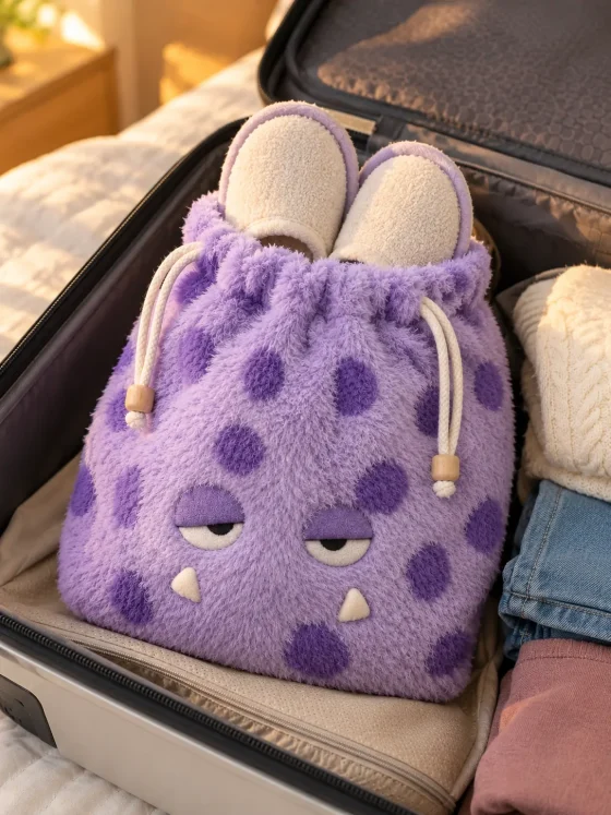 Flump Slipper Pouch packed in a suitcase