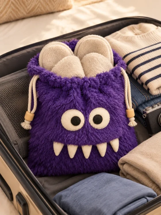 Grumbo Slipper Pouch packed in a suitcase