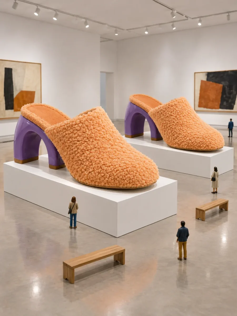 Arco and Orbi heeled slippers on plinths in a miniature gallery