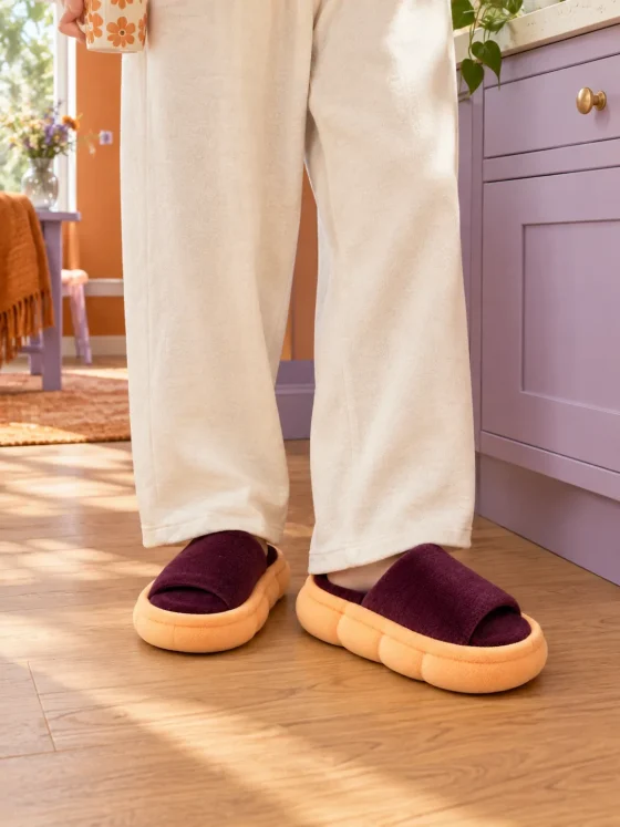 Mallow Peep-Toe Mule worn at home
