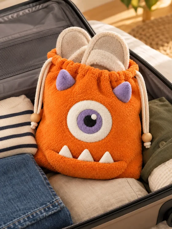 Nomlet Slipper Pouch packed in a suitcase
