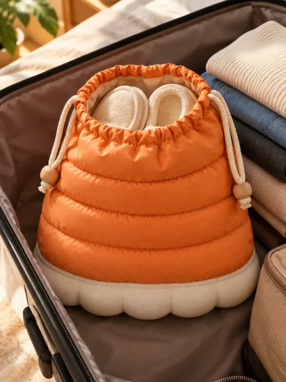 Puffa Slipper Pouch packed in a suitcase