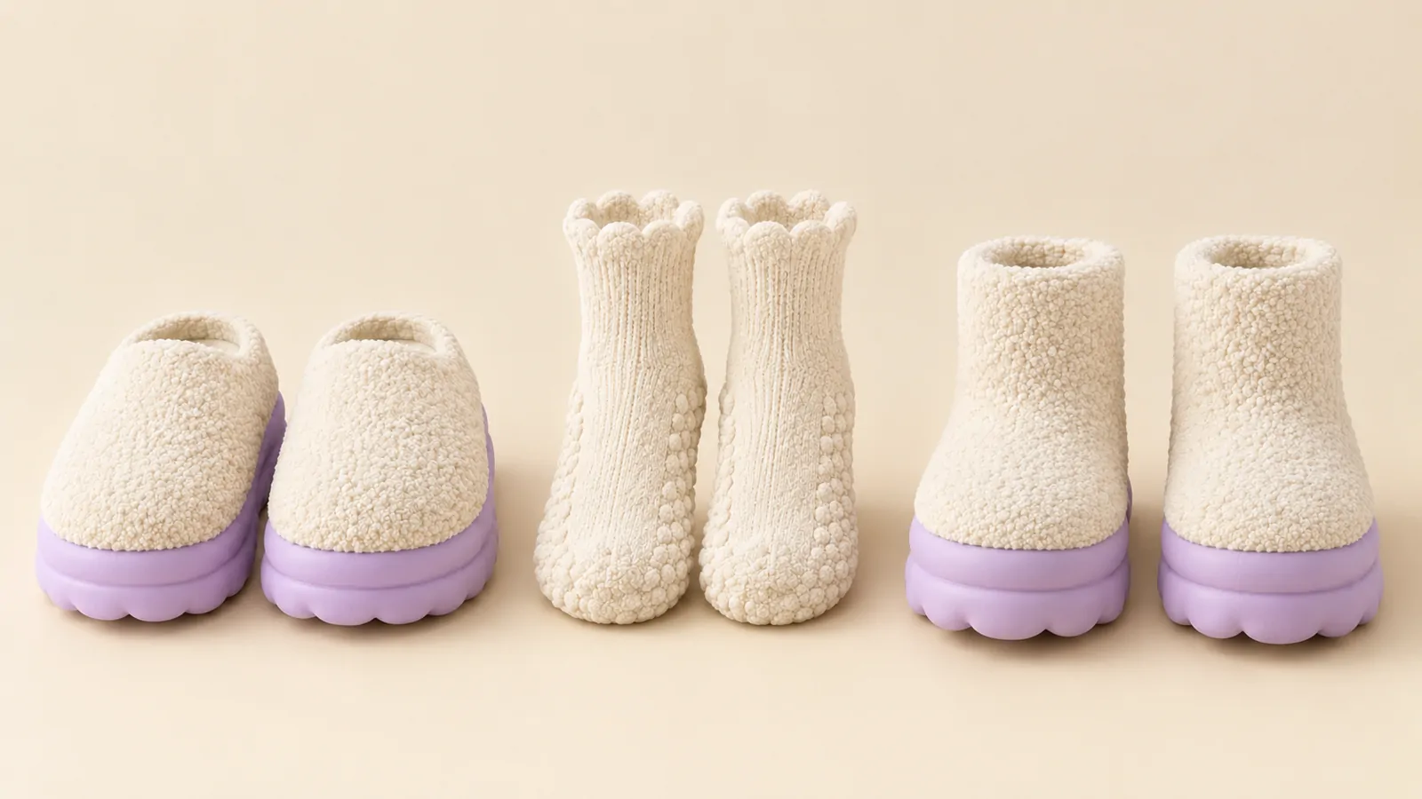 Cumulo slippers, socks and booties lined up by height