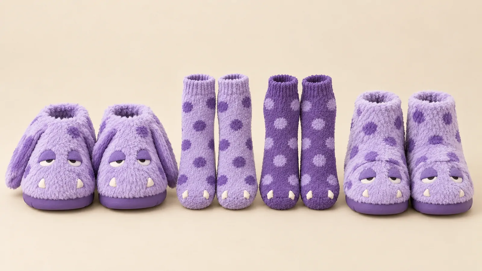 Flump slippers, socks and booties lined up by height