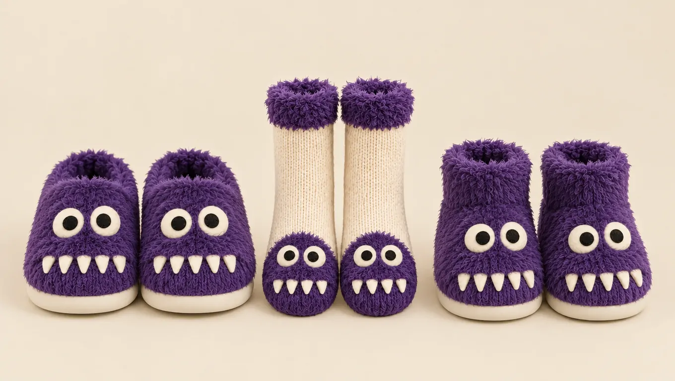 Grumbo slippers, socks and booties lined up by height