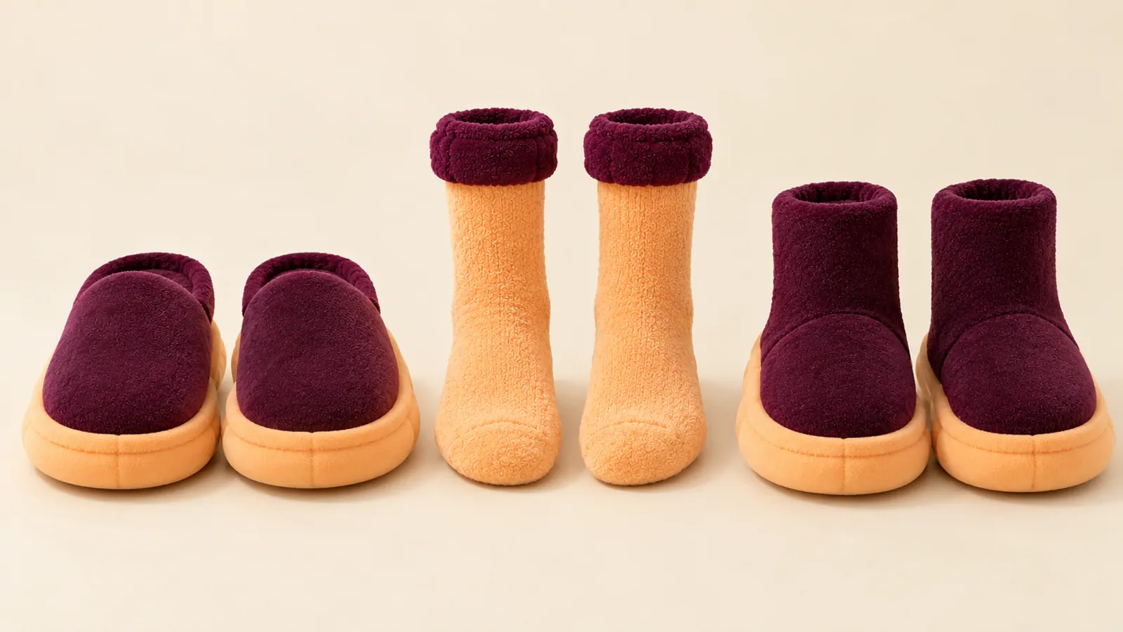Mallow slippers, socks and booties lined up by height