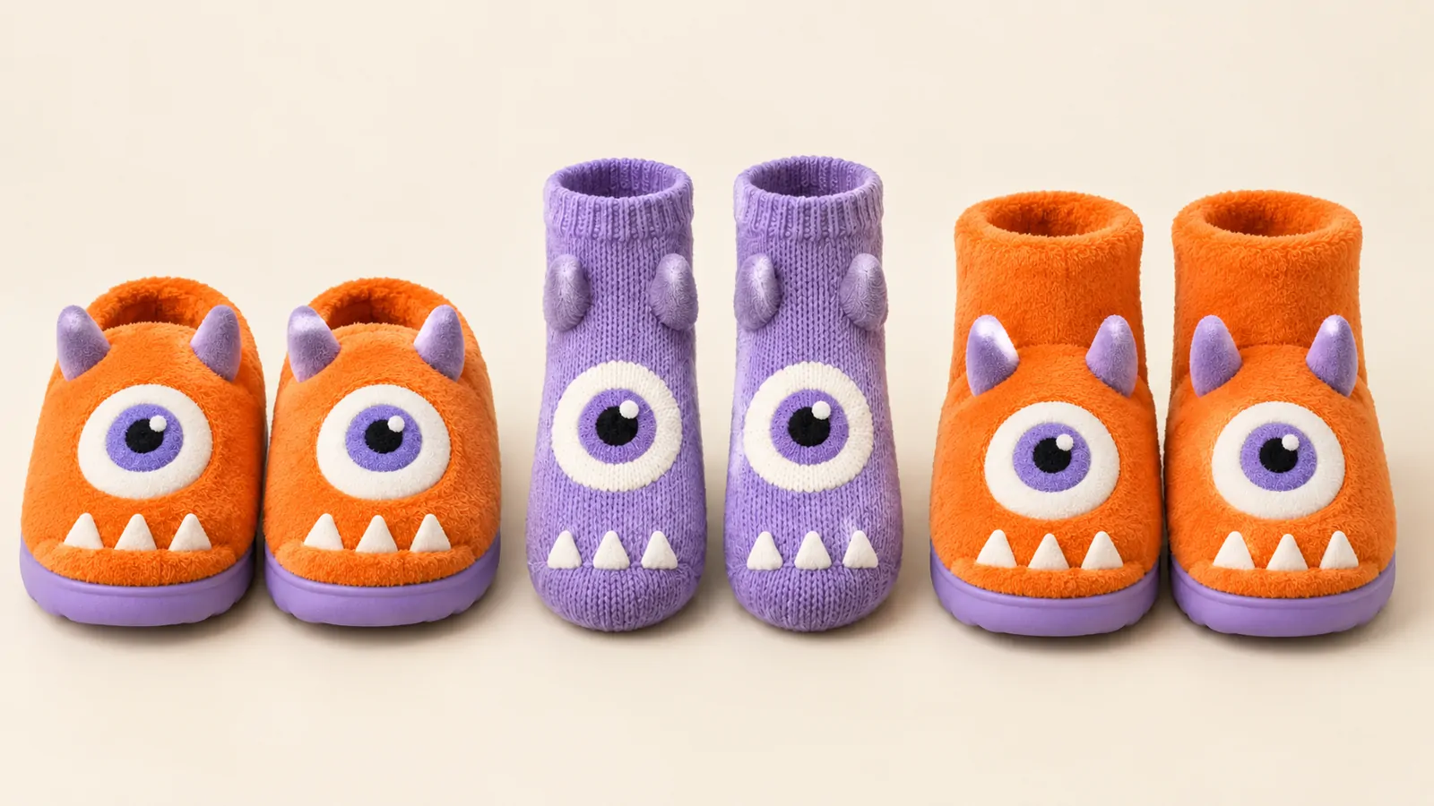 Nomlet slippers, socks and booties lined up by height