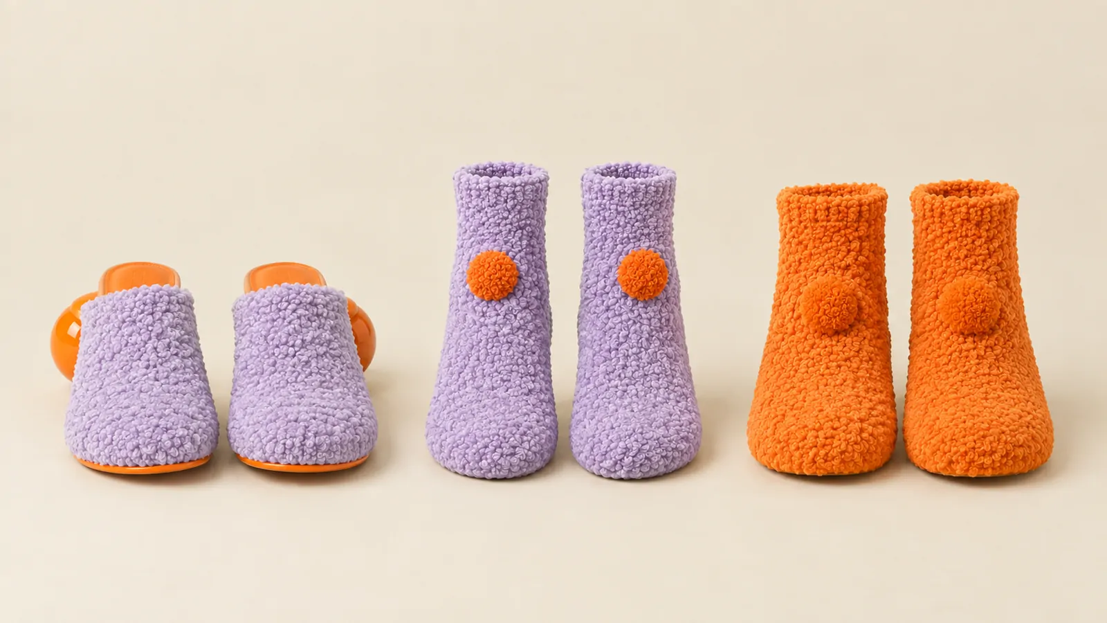 Orbi slippers, socks and booties lined up by height