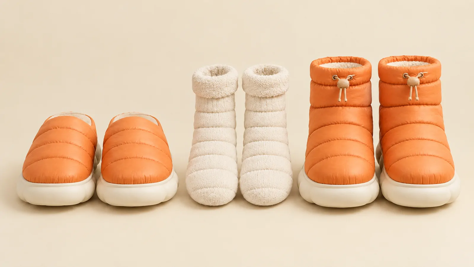 Puffa slippers, socks and booties lined up by height